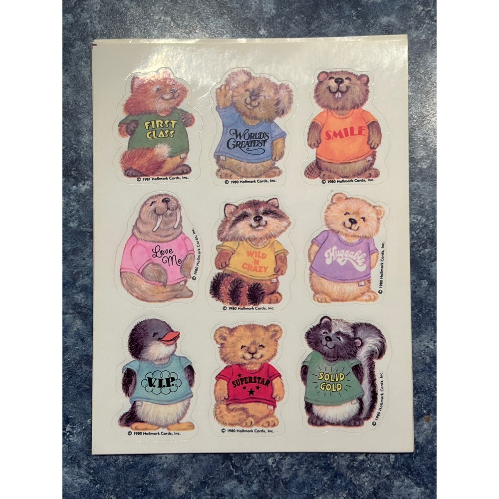 Vintage 1980 Hallmark Sticker Sheet Animals in T-Shirts Iridescent 9 Stickers